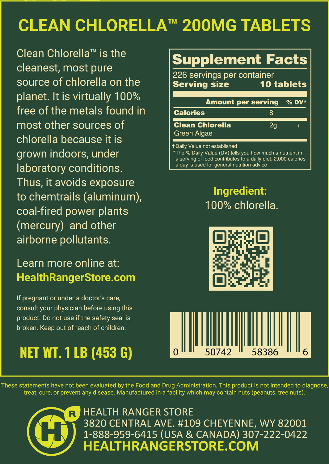 Clean Chlorella 200mg Tablets (1LB, 453g), 2265 tablets